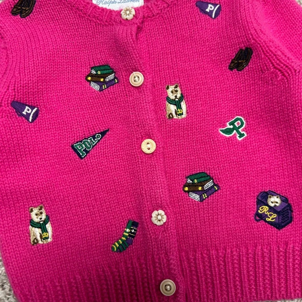 NWT Ralph Lauren Embroidered‎ Wool Blend Cardigan Baby Size 3M Pink Prep School
